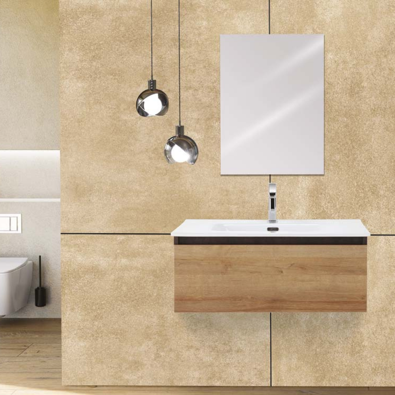 Mobile Bagno Sospeso 80 Cm Un Cassetto Specchio a Filo 80x60 Cm Ossido Grigio/Rovere Riviera Cubi&Co collezione Urban