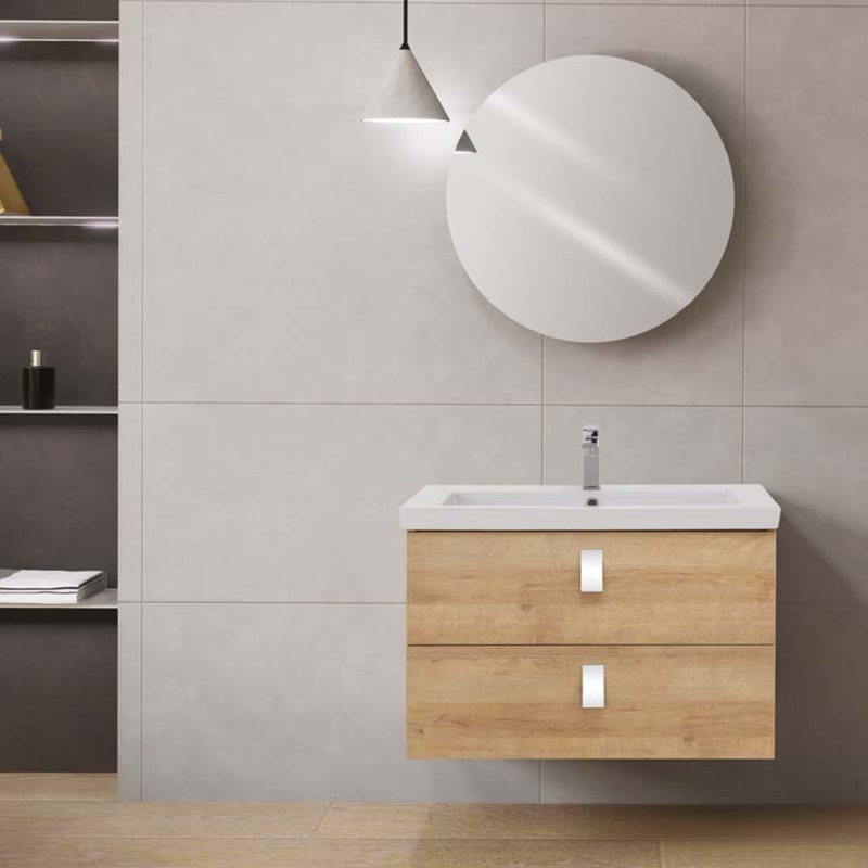 Mobile da bagno sospeso da 80 cm finitura Rovere Riviera completo di lavabo e specchio tondo diametro 70 cm