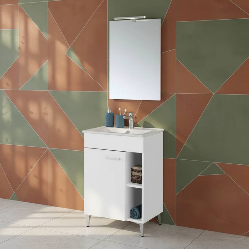 Mobile Bagno a Terra 60 Cm Un'Anta Con Vano a Giorno Specchio Su Telaio Con Lampada Led 50x70 Cm Cubi&Co  "Small" Bianco Lucido
