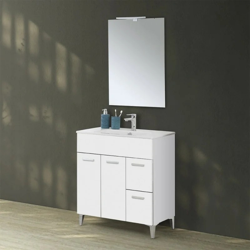 Mobile Bagno a Terra 80 Cm Due Ante Due Cassetti Specchio Con Lampada Led 62x78,5 Cm Bianco Lucido Cubi&Co collezione Frame