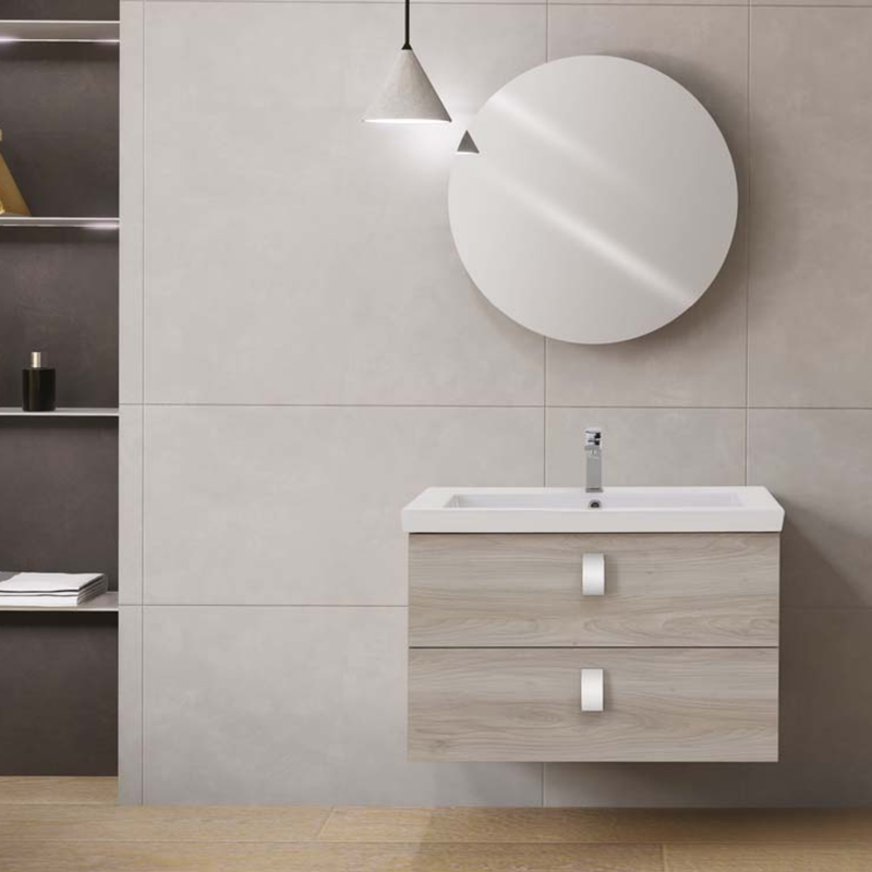 Mobile da bagno sospeso da 80 cm finitura Rovere Grigio completo di lavabo e specchio tondo diametro 70 cm
