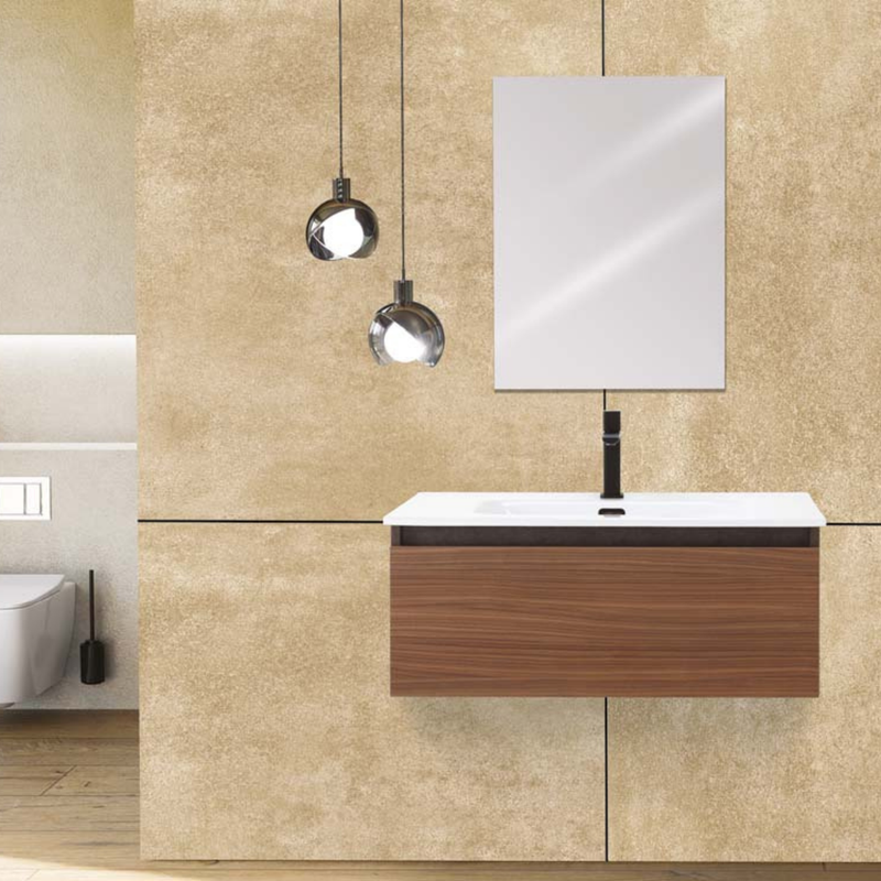 Mobile Bagno Sospeso 80 Cm Un Cassetto Specchio a Filo 80x60 Cm Ossido Grigio/Noce Canaletto Cubi&Co collezione Urban