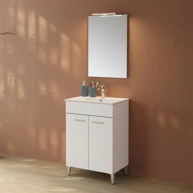 Mobile Bagno a Terra 80 Cm Due Ante Specchio Con Lampada Led 62x78,5 Cm Cubi&Co "Greta" Bianco Lucido