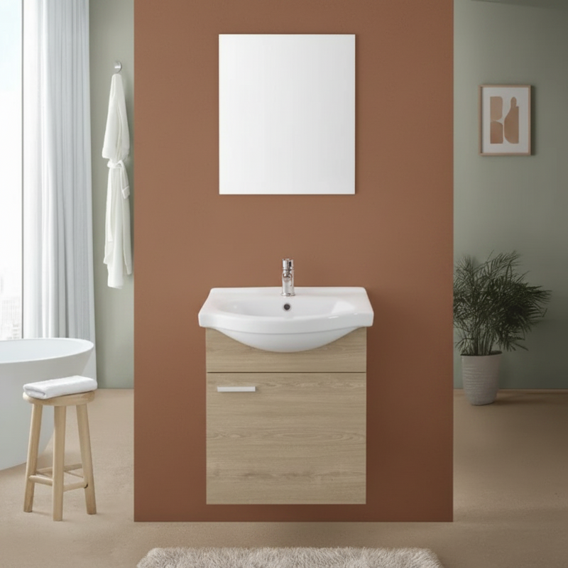 Mobile Bagno Sospeso 55 Cm Un'Anta Specchio 48x57 Cm Cubi&Co"Stella" Rovere Dolomite