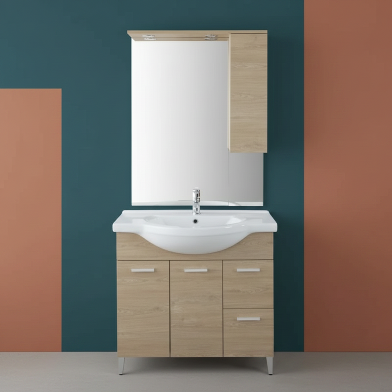 Mobile Bagno a Terra 85 Cm con Due Cassetti Due Ante Specchio Con Pensile e Faretti Led 76x106 Cm Cubi&Co "Stella" Rovere Dolomite