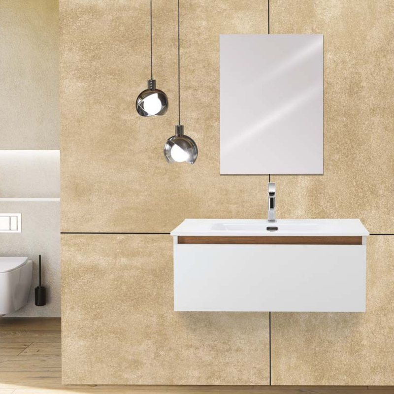 Mobile Bagno Sospeso 80 Cm Un Cassetto Specchio a Filo 80x60 Cm Bianco Frassinato/Rovere Cubi&Co collezione Urban