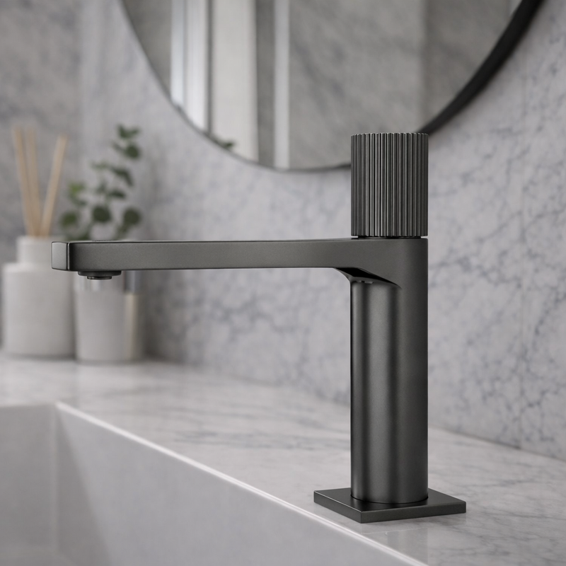 Miscelatore lavabo RubiFlux serie Sculpt con leva rigata - Gun Metal