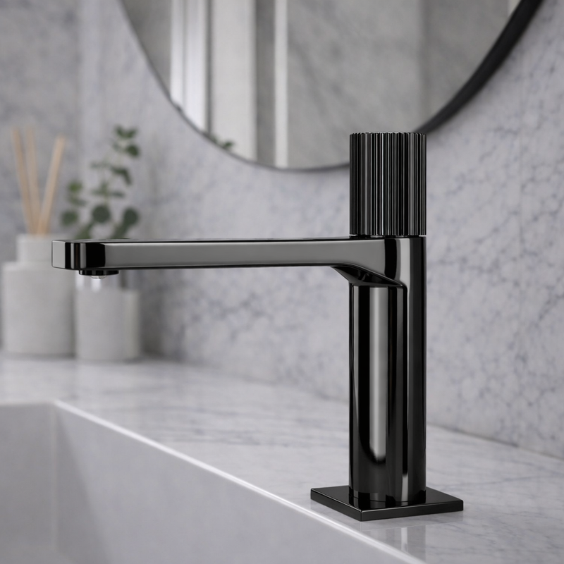 Miscelatore lavabo RubiFlux serie Sculpt con leva rigata - Nero lucido