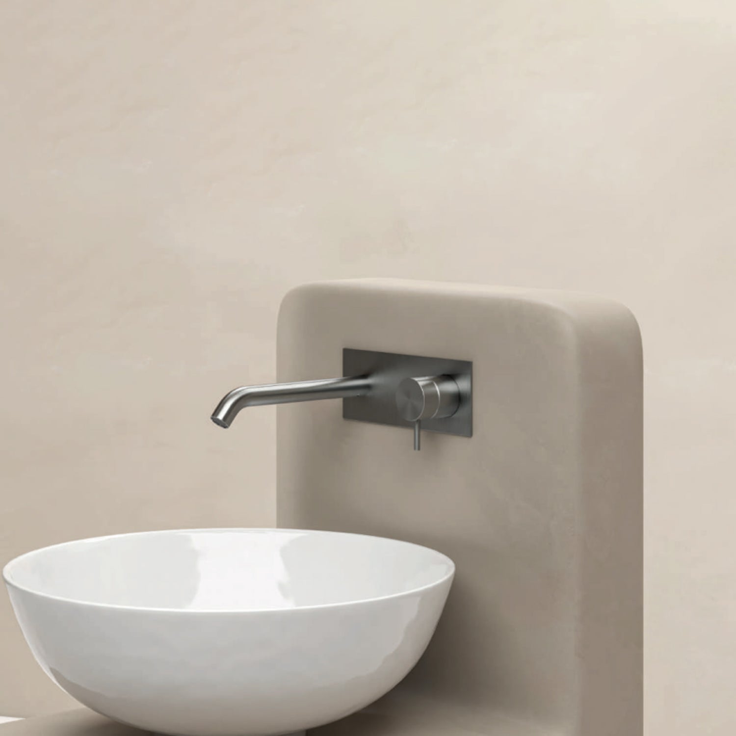 Miscelatore monocomando lavabo murale con piastra RubiFlux serie Aria canna 20 cm - Acciaio Satinato by CeramicStore | Lo specialista del tuo bagno