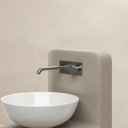Miscelatore monocomando lavabo murale con piastra RubiFlux serie Aria canna 20 cm - Acciaio Satinato by CeramicStore | Lo specialista del tuo bagno