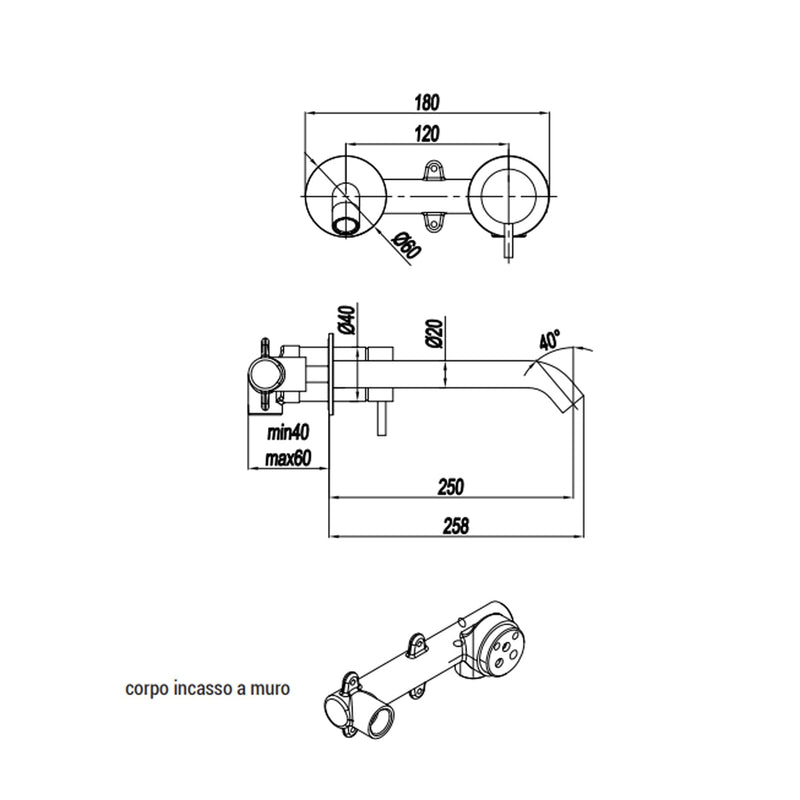 Mezclador monomando para lavabo mural RubiFlux serie Aria caño 25 cm - Acero Satinado