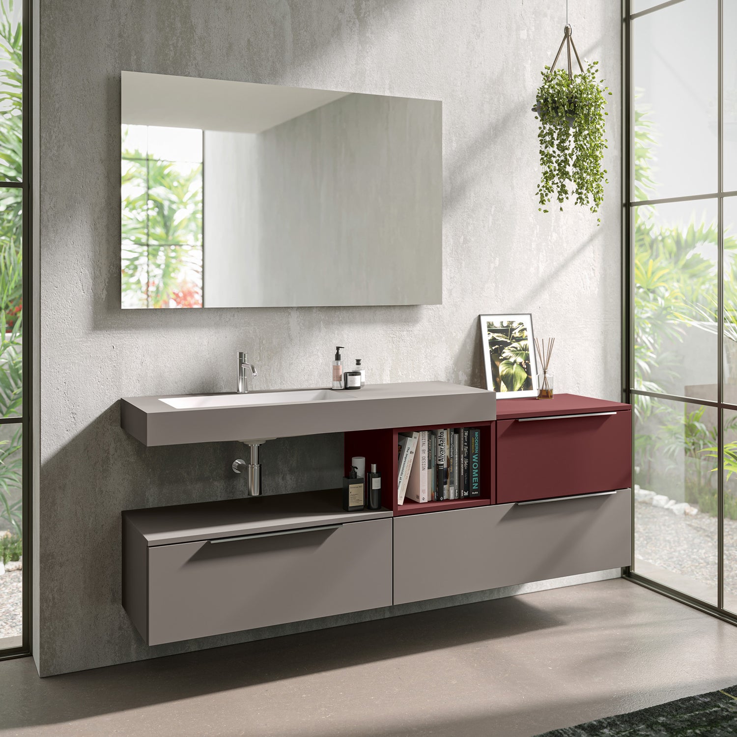 Mobile bagno sospeso Bali01 cm 180x46 con finiture Grigio Londra e Rosso Jaipur by CeramicStore | Lo specialista del tuo bagno