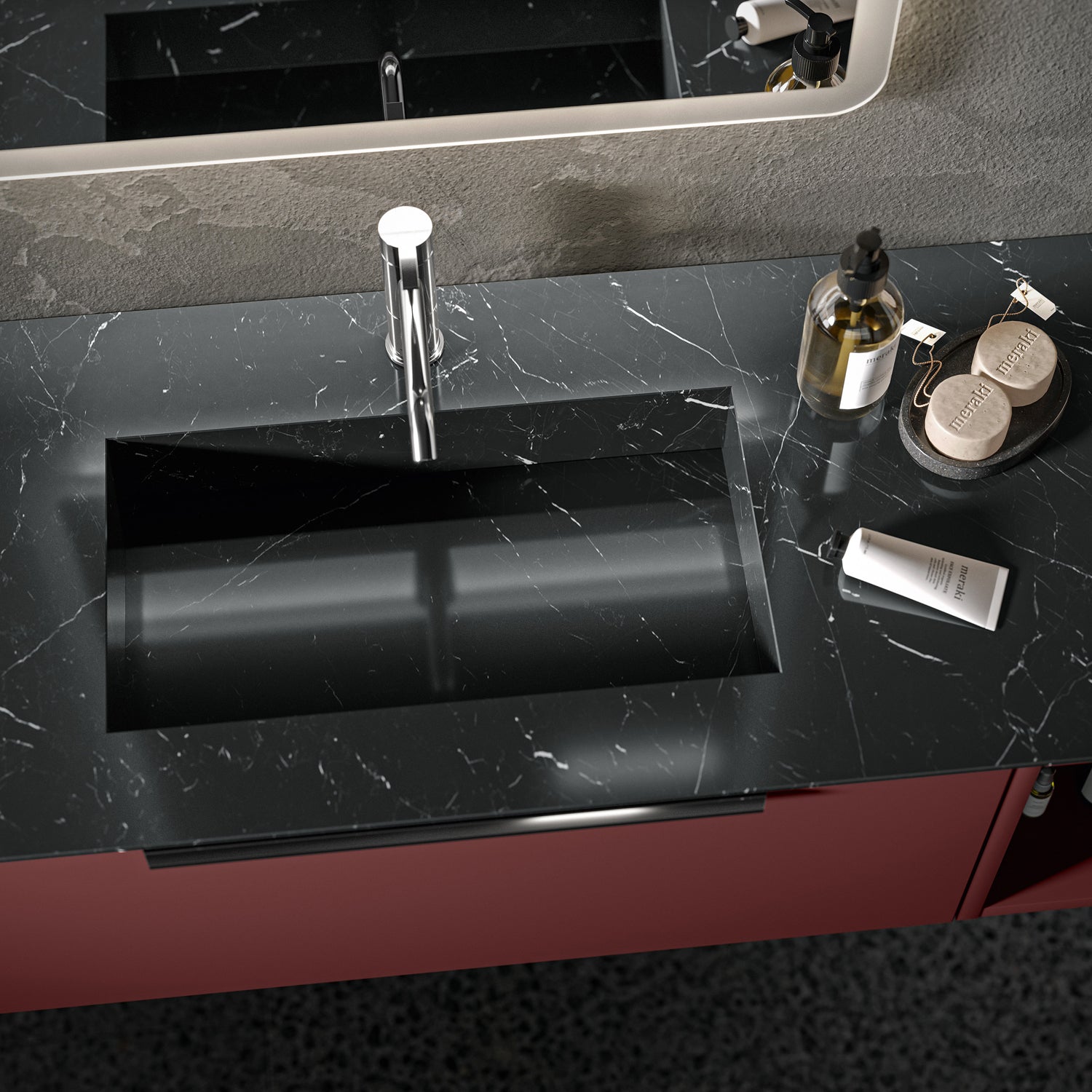 Mobile bagno sospeso con colonna e top in Gres Nero Marquina Bali 10 con finitura Rosso Jaipur by CeramicStore | Lo specialista del tuo bagno
