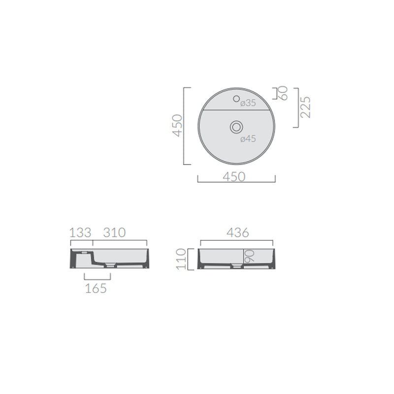 Lavabo tondo da appoggio con piano rubinetteria serie Smart-B di Ceramica Galassia -  Bianco matt diam. 45cm