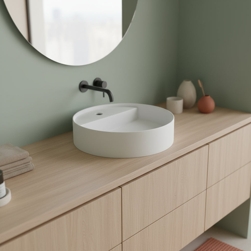 Lavabo tondo da appoggio con piano rubinetteria serie Smart-B di Ceramica Galassia -  Bianco matt diam. 45cm