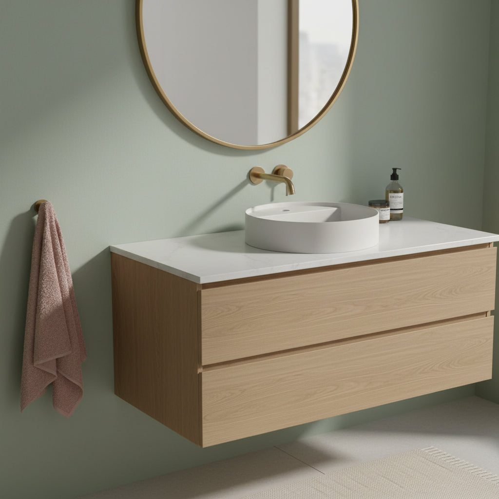 Lavabo tondo da appoggio con piano rubinetteria serie Smart-B di Ceramica Galassia -  Sabbia diam. 45cm