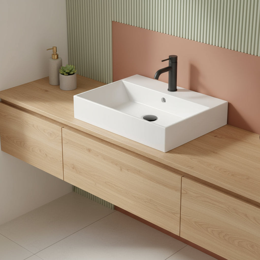 Lavabo rettangolare da appoggio/sospeso serie Plus Design di Ceramica Galassia -  Bianco lucido 60x48cm