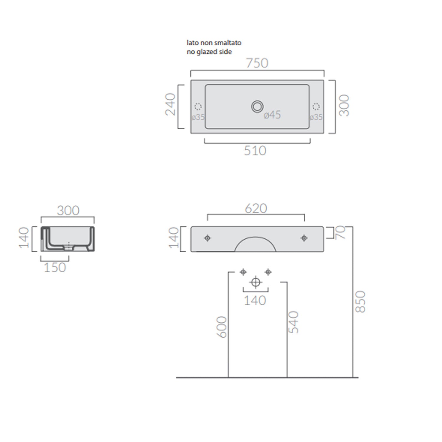 Lavabo da appoggio serie Plus Design di Ceramica Galassia -  Bianco lucido cm 75x30xh14