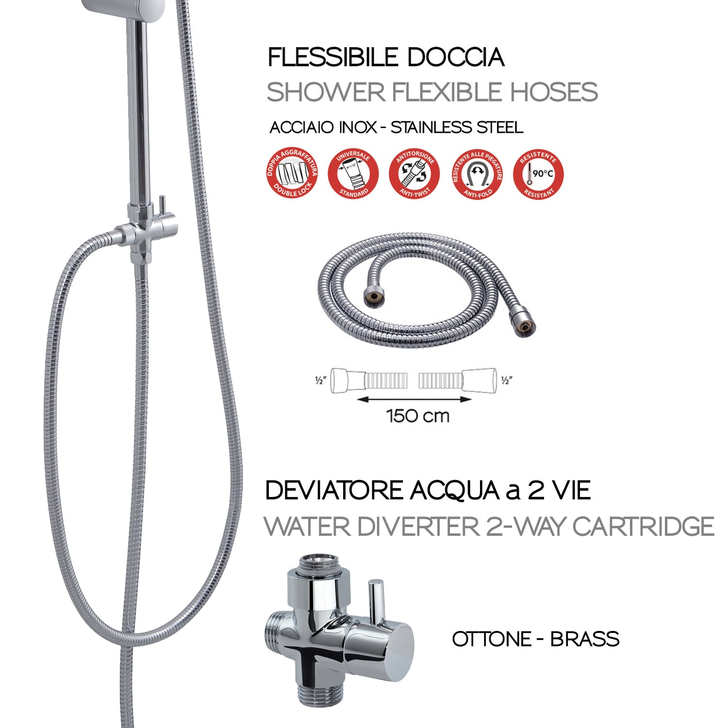 Colonna doccia regolabile con soffione e doccetta modello Liberty 00 - Cromo by CeramicStore | Lo specialista del tuo bagno
