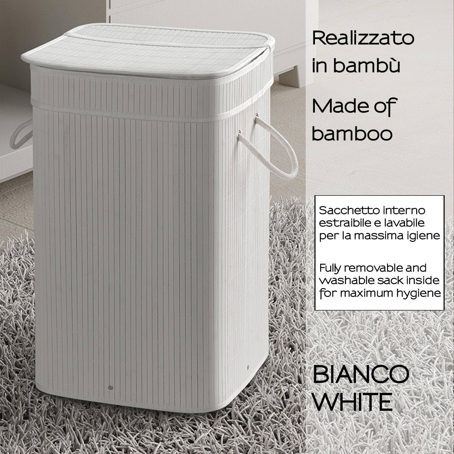 Cesto portabiancheria bianco Gedy Tatami con sacchetto estraibile e finitura bambà¹ by CeramicStore | Lo specialista del tuo bagno