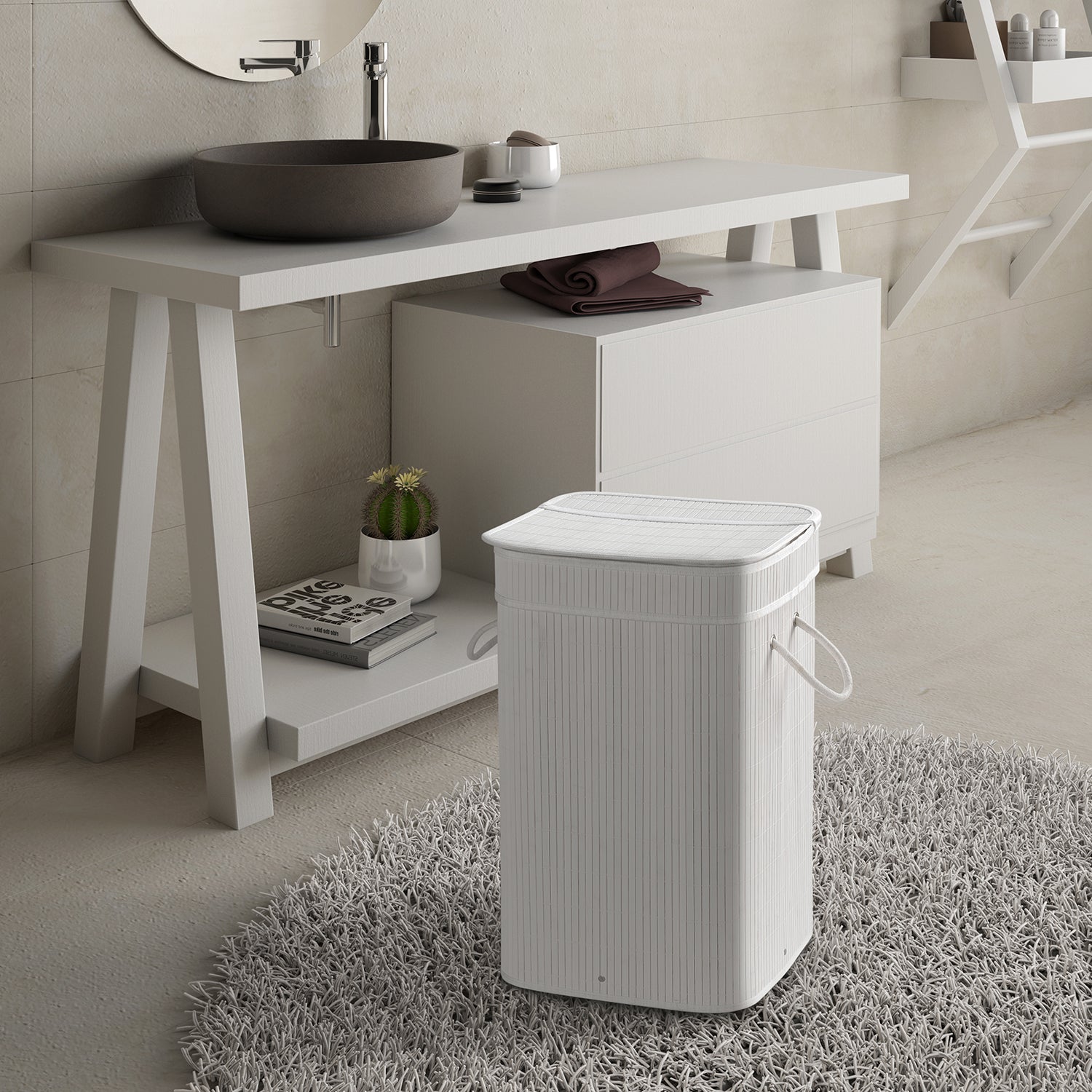 Cesto portabiancheria bianco Gedy Tatami con sacchetto estraibile e finitura bambà¹ by CeramicStore | Lo specialista del tuo bagno