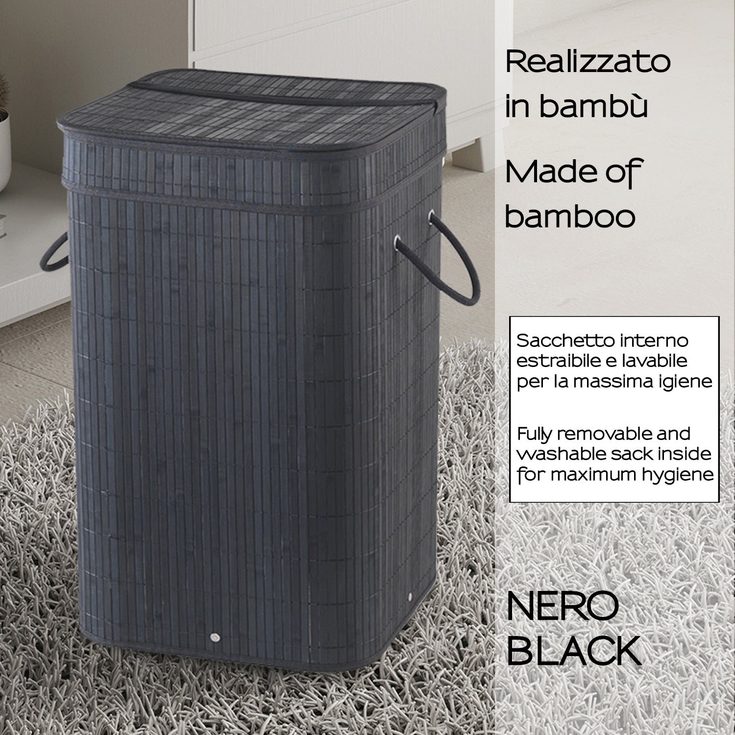 Cesto portabiancheria nero Gedy Tatami con sacchetto estraibile e finitura bambà¹ by CeramicStore | Lo specialista del tuo bagno