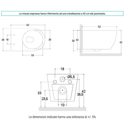Sanitari sospesi senza brida con Copriwater Soft Close BathCore serie Aria 52x37 - Bianco Lucido