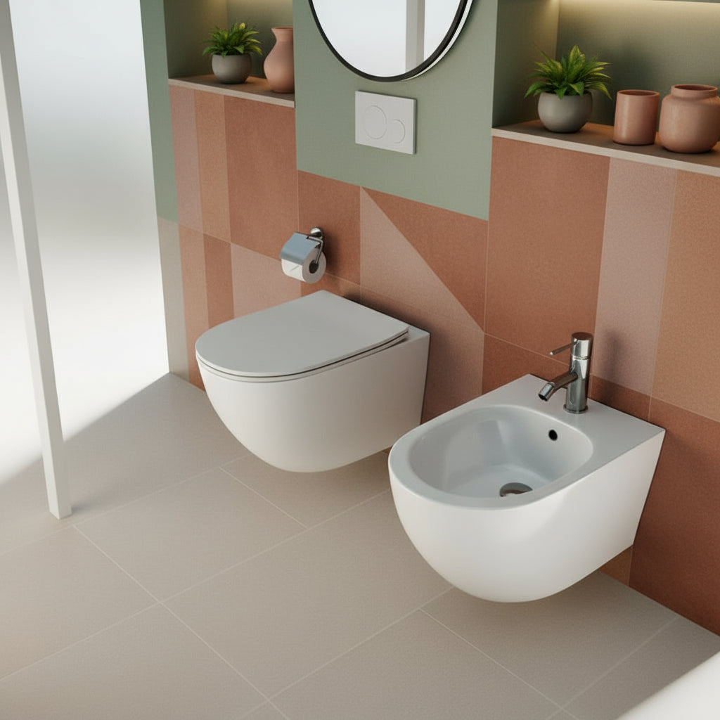 Sanitari sospesi senza brida con Copriwater Soft Close BathCore serie Aria 52x37 - Bianco Lucido