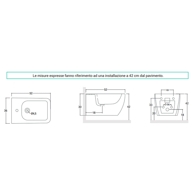 Sanitari filomuro senza brida con copriwater Soft Close BathCore serie Tela L 36 x P 52 x H 34 cm â€“ Bianco lucido