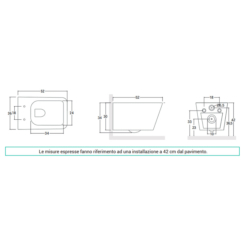Sanitari filomuro senza brida con copriwater Soft Close BathCore serie Tela L 36 x P 52 x H 34 cm â€“ Bianco lucido
