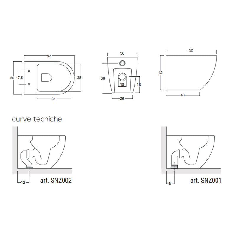 Sanitari filomuro senza brida con copriwater soft close BathCore serie Nilo L 36 x P 52 x H 42 cm - Bianco lucido