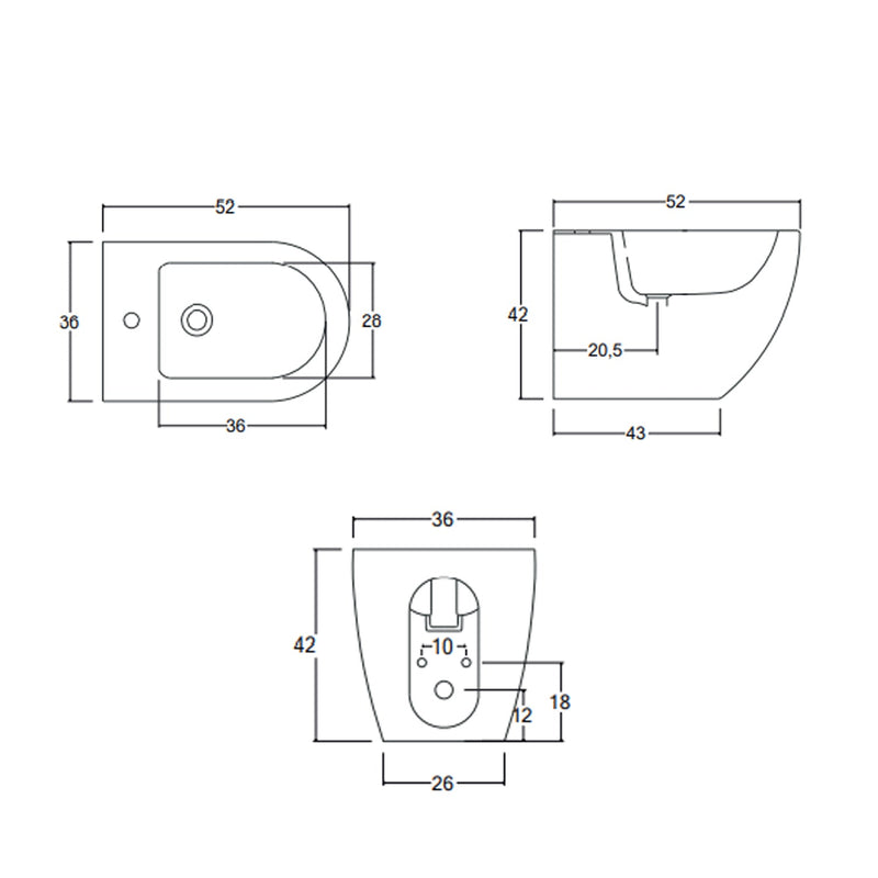 Sanitari filomuro senza brida con copriwater soft close BathCore serie Nilo L 36 x P 52 x H 42 cm - Bianco lucido