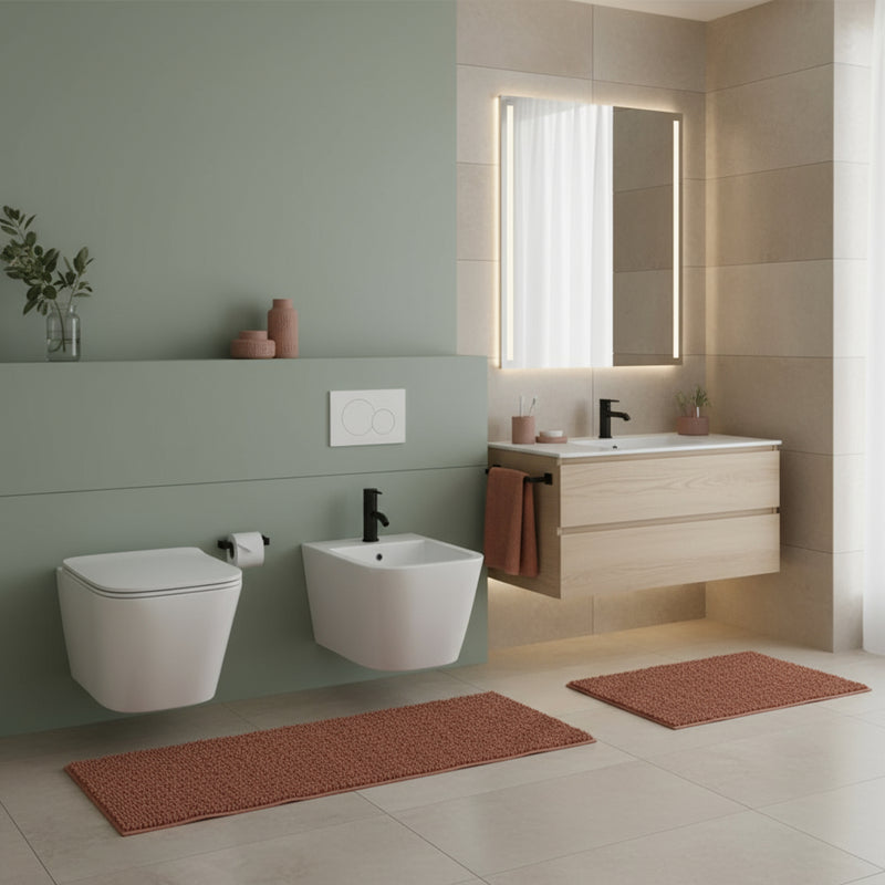 Sanitari sospesi senza brida con copriwater soft close BathCore serie Nilo L 36 x P 52 cm â€“ Bianco lucido