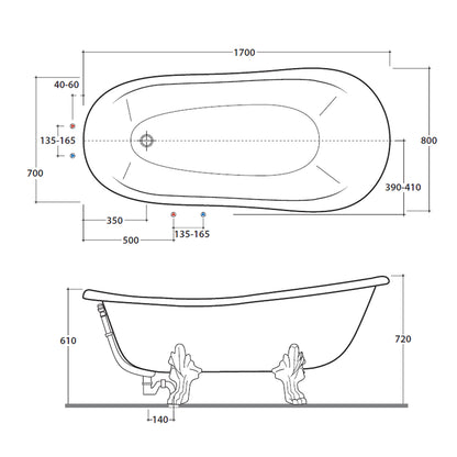 Vasca da bagno con piedi Globo serie Paestum 170x80 - Bianco/Cromo by CeramicStore | Lo specialista del tuo bagno