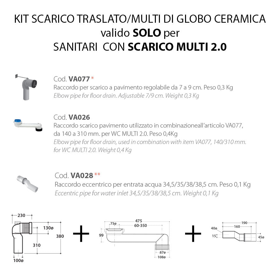 Kit per sanitari scarico MULTI 2.0 per distanza da 7 a 31 cm con curva, raccordo per scarico e raccordo eccentrico by CeramicStore | Lo specialista del tuo bagno