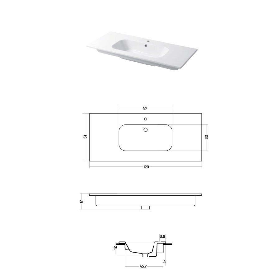Lavabo a consolle in ceramica bianca lucida serie Qubo Square 51 Disegno-Ceramica 121cm by CeramicStore | Lo specialista del tuo bagno