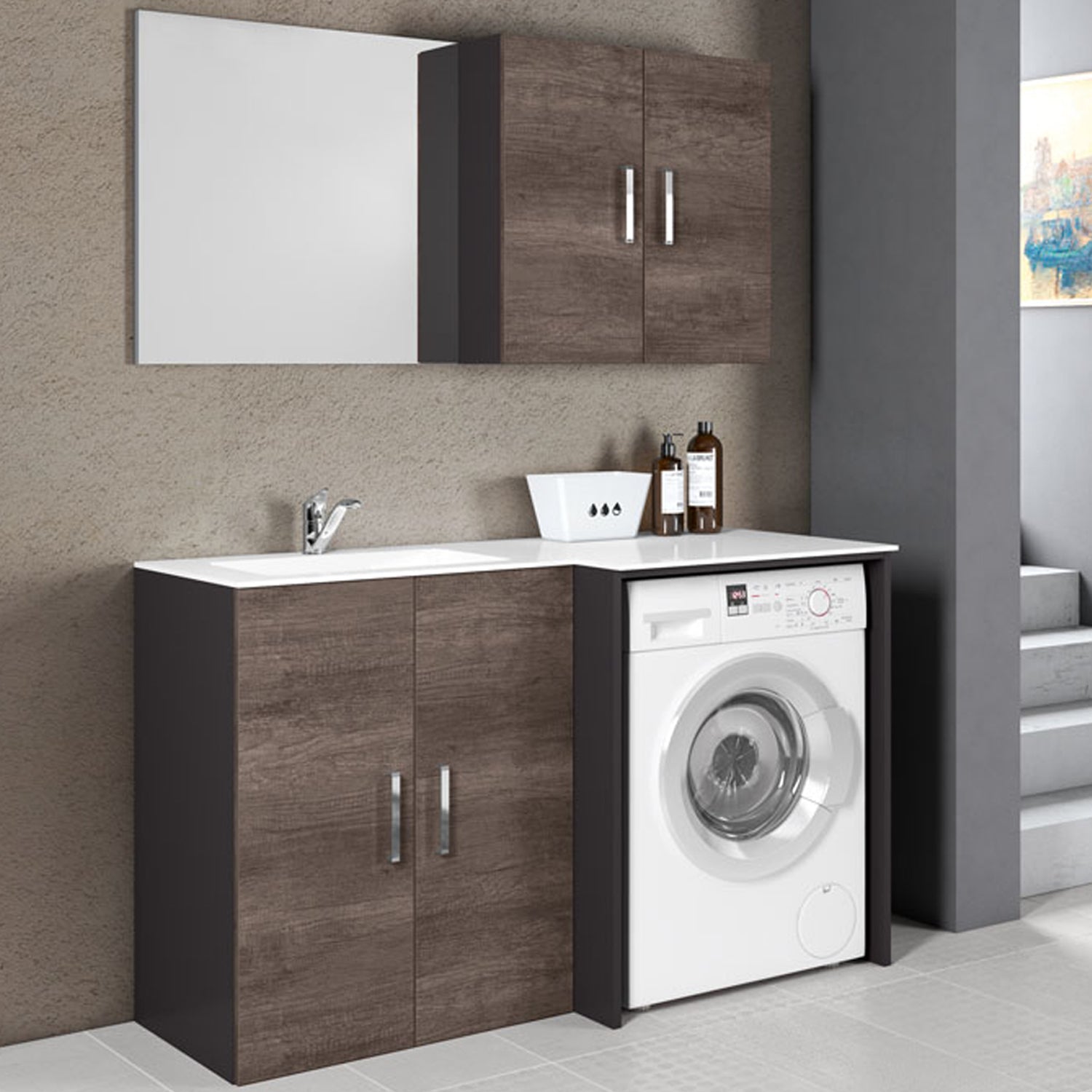 Composizione Mobili Lavanderia Area51-03 con lavatoio, modulo lavatrice e pensile - Rovere Scuro by CeramicStore | Lo specialista del tuo bagno