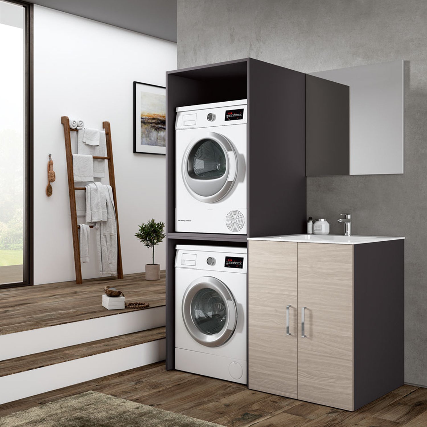 Composizione Mobili Lavanderia Area51-04 con lavatoio, moduli lavatrice ed asciugatrice e specchio - Olmo Rosseau by CeramicStore | Lo specialista del tuo bagno