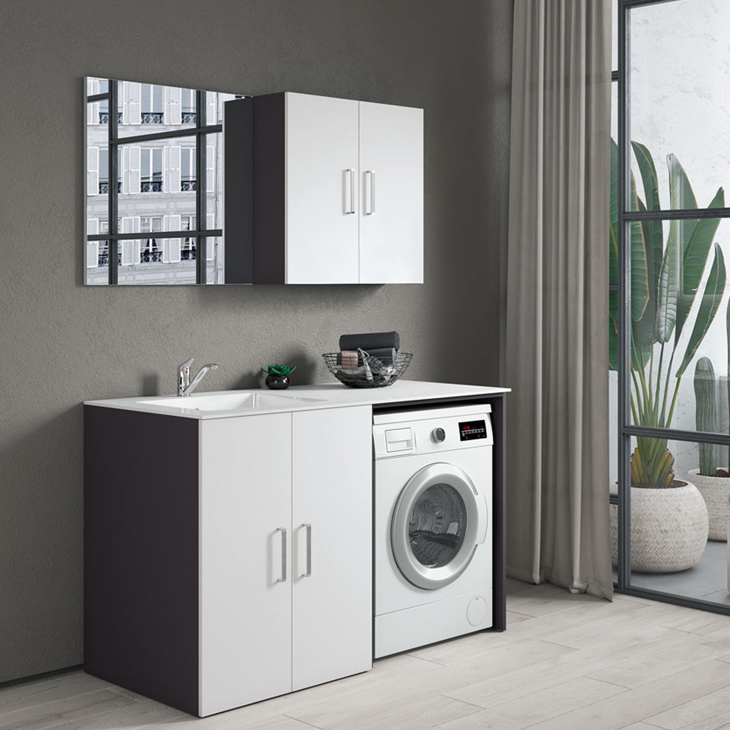 Composizione Mobili Lavanderia Area51-05 con lavatoio, modulo lavatrice e pensile - Laccato Bianco Opaco by CeramicStore | Lo specialista del tuo bagno
