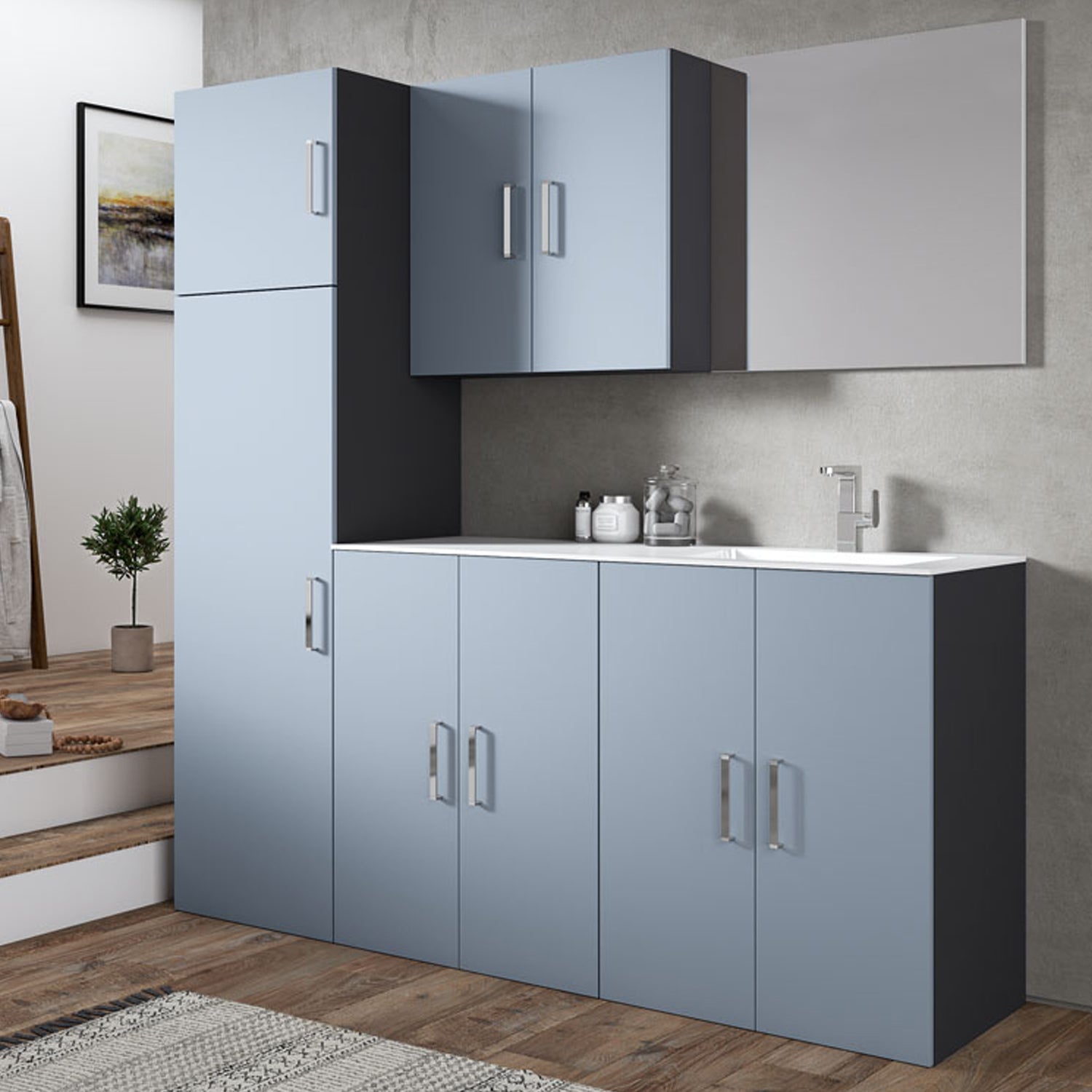 Composizione Mobili Lavanderia Area51-06 con lavatoio, moduli lavatrice ed asciugatrice e colonna - Laccato Indaco Opaco by CeramicStore | Lo specialista del tuo bagno