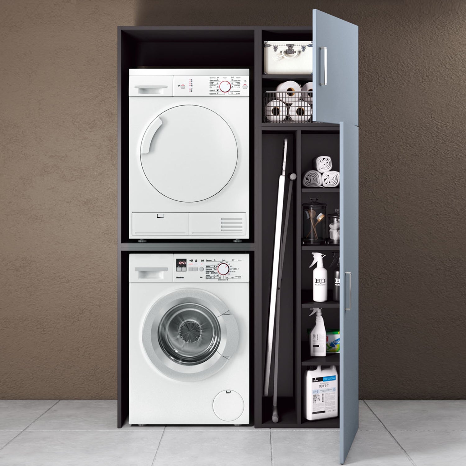 Composizione Mobili Lavanderia Area51-10 con moduli lavatrice ed asciugatrice e colonna - Indaco Laccato Opaco by CeramicStore | Lo specialista del tuo bagno