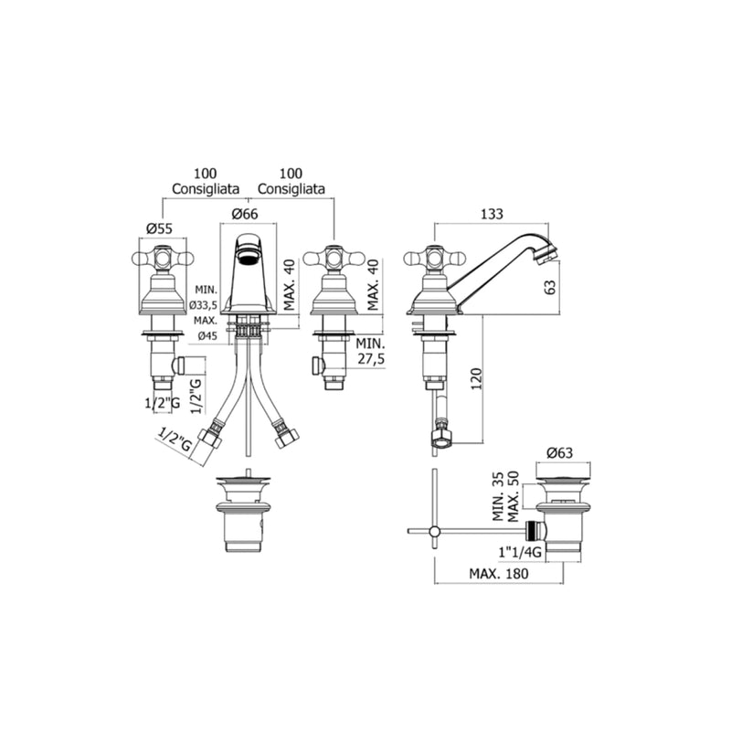 Batteria lavabo a 3 fori con scarico automatico Paffoni serie Viola - Cromo/Gold finish by CeramicStore | Lo specialista del tuo bagno