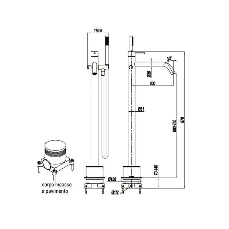 Miscelatore monocomando per vasca centro stanza con kit doccino RubiFlux serie Aria - Acciaio Satinato by CeramicStore | Lo specialista del tuo bagno