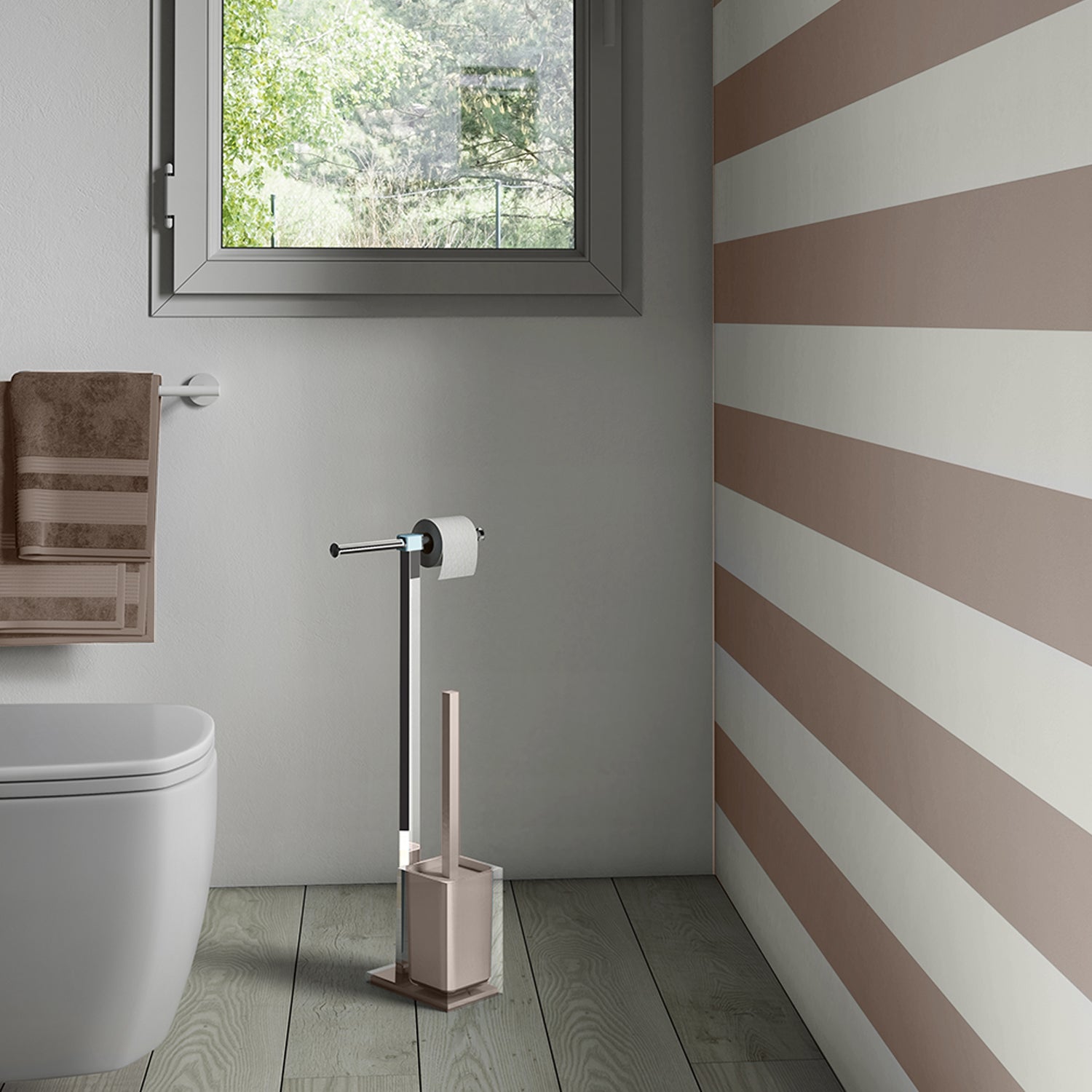 Piantana portarotolo e scopino wc in Acciaio Inox Gedy serie Rainbow - Trasparente/Tortora chiaro