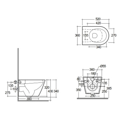 Sanitari sospesi cm 52x36 mod. Sensation wc rimless+bidet+sedile soft close Nero Opaco