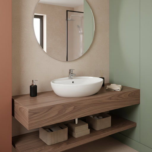 Lavabo d'appoggio monoforo BathCore Claim in ceramica bianca con troppo pieno cm 57x44