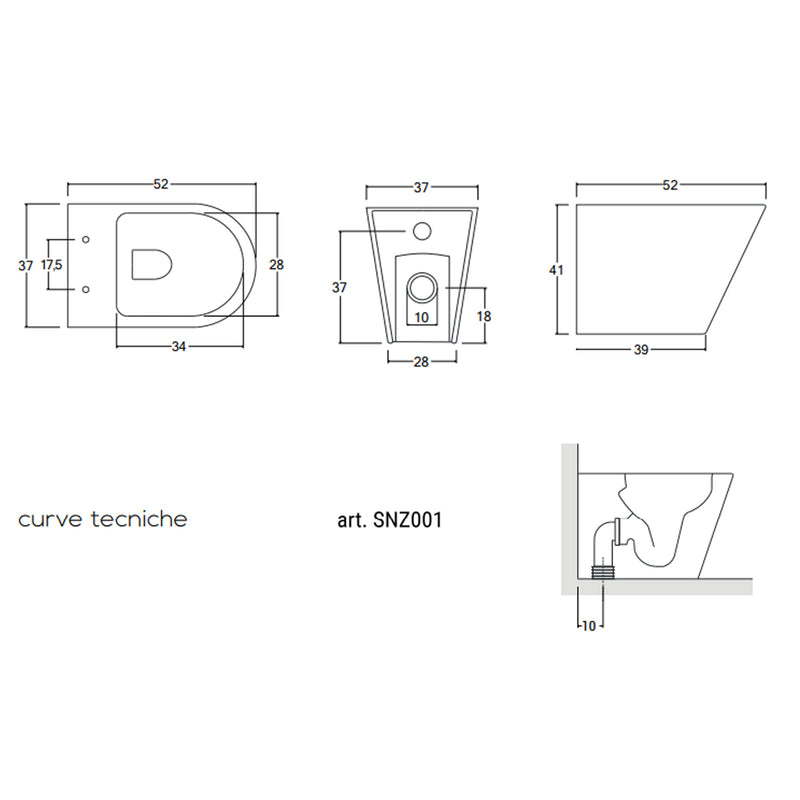 Sanitari filomuro senza brida con copriwater soft close BathCore serie Cuore L 37 x P 52 x H 41 cm â€“ Bianco lucido