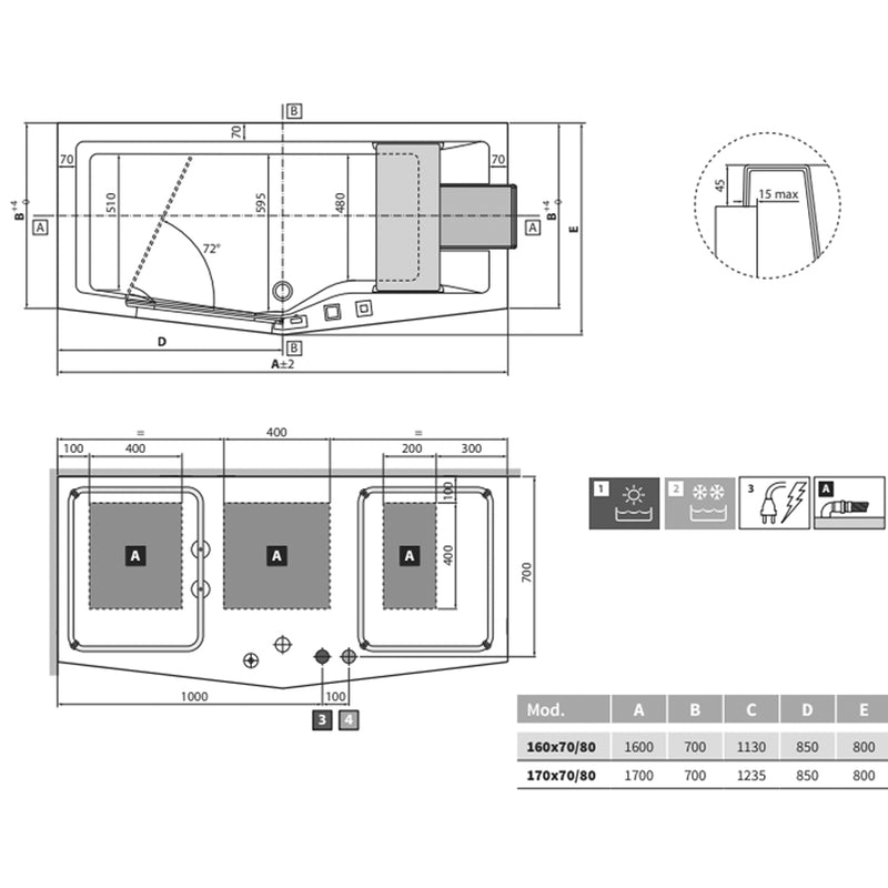 Vasca per anziani Iris 170x80 cm con porta a sinistra e installazione a sinistra by CeramicStore | Lo specialista del tuo bagno