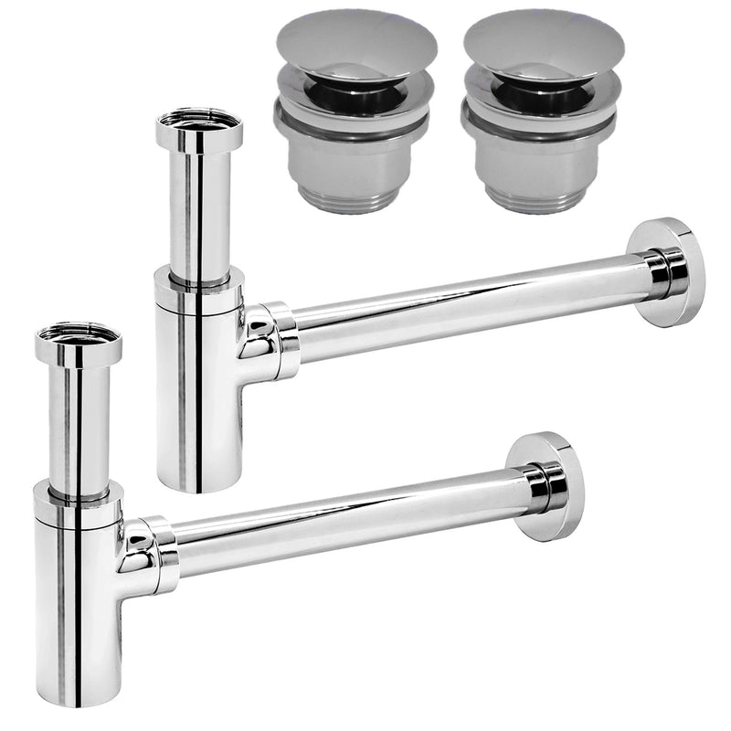 Set 2 Sifoni telescopici a bottiglia in ottone cromato 12-32 cm con 2 pilette click clack in ottone per lavabi senza troppo pieno by CeramicStore | Lo specialista del tuo bagno