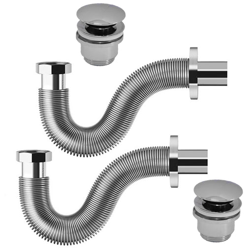 Set 2 Sifoni estensibili in acciaio inox 35-40 cm con 2 pilette click clack in ottone per lavabi senza troppo pieno by CeramicStore | Lo specialista del tuo bagno